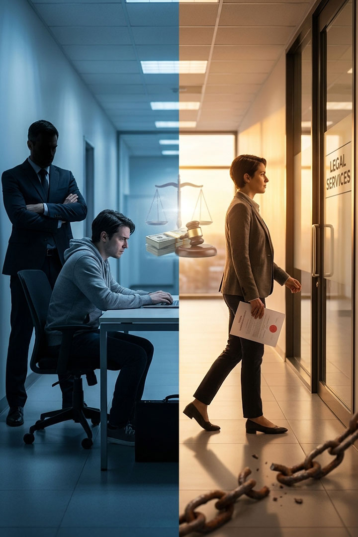 A split image: left side shows a sad man working on a laptop in a dark room with shadowy figures and justice scales above; right side shows a confident woman entering a bright office labeled "Legal Services," with broken chains at her feet.