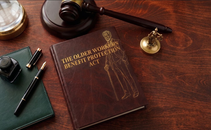 A book titled "The Older Workers Benefit Protection Act" on a desk with a gavel, scales of justice, magnifying glass, ink bottle, and pens.