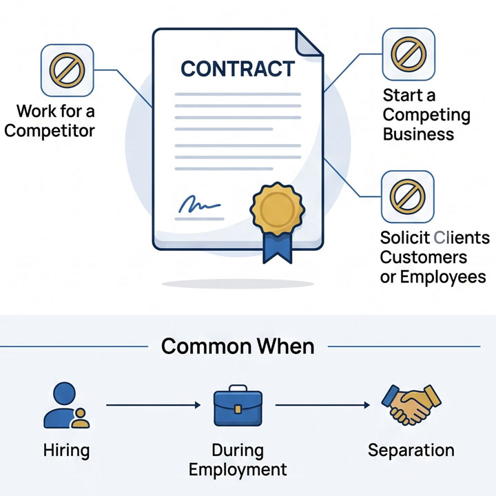 Illustration of a contract with restrictions: no working for a competitor, starting a competing business, or soliciting clients; shows these rules apply at hiring, during employment, and after separation.
