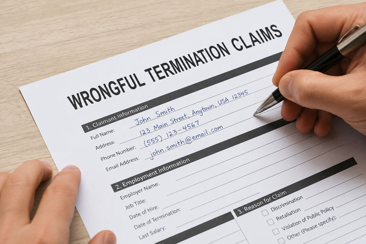 A person fills out a "Wrongful Termination Claims" form, writing personal details such as name, address, phone number, and email with a pen on a wooden desk.