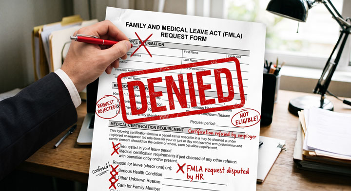 A hand holds a denied FMLA request form at a desk. Red stamps on the form read “DENIED,” “REQUEST REJECTED,” and “NOT ELIGIBLE.” A pen marks text; a keyboard and office supplies are in the background.