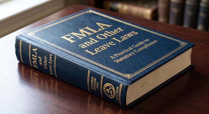 A large blue hardcover book titled “FMLA and Other Leave Laws: A Practical Guide to Statutory Compliance” rests on a wooden desk near a window, with several other books in the background.