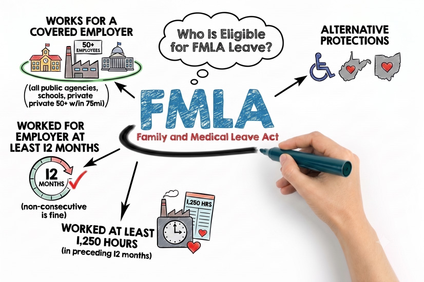 Infographic showing FMLA eligibility: must work for a covered employer, have 12 months of employment, 1,250 hours worked, with alternative protections noted. A hand draws around “FMLA” in the center.