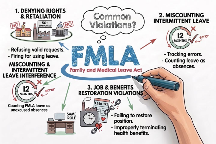 Infographic listing common FMLA violations: denying rights, miscounting intermittent leave, job/benefits restoration errors, and tracking mistakes. Includes graphics of clocks, calendars, job roles, and arrows to highlight points.